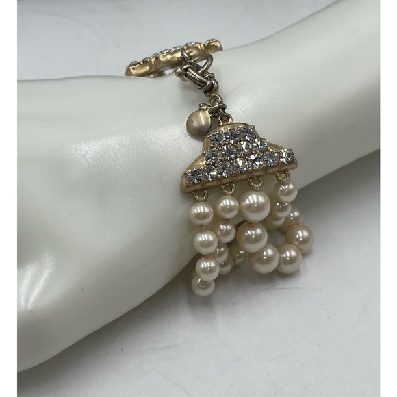 J. Crew Multi-Strand White Faux Pearl Spring Ring Rhinestones Bracelet Sz Small - Picture 6 of 12